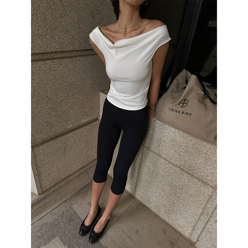 Antmvs Yuna Solid Color White Backless Lace-up Short-sleeved Pleated Slim Top