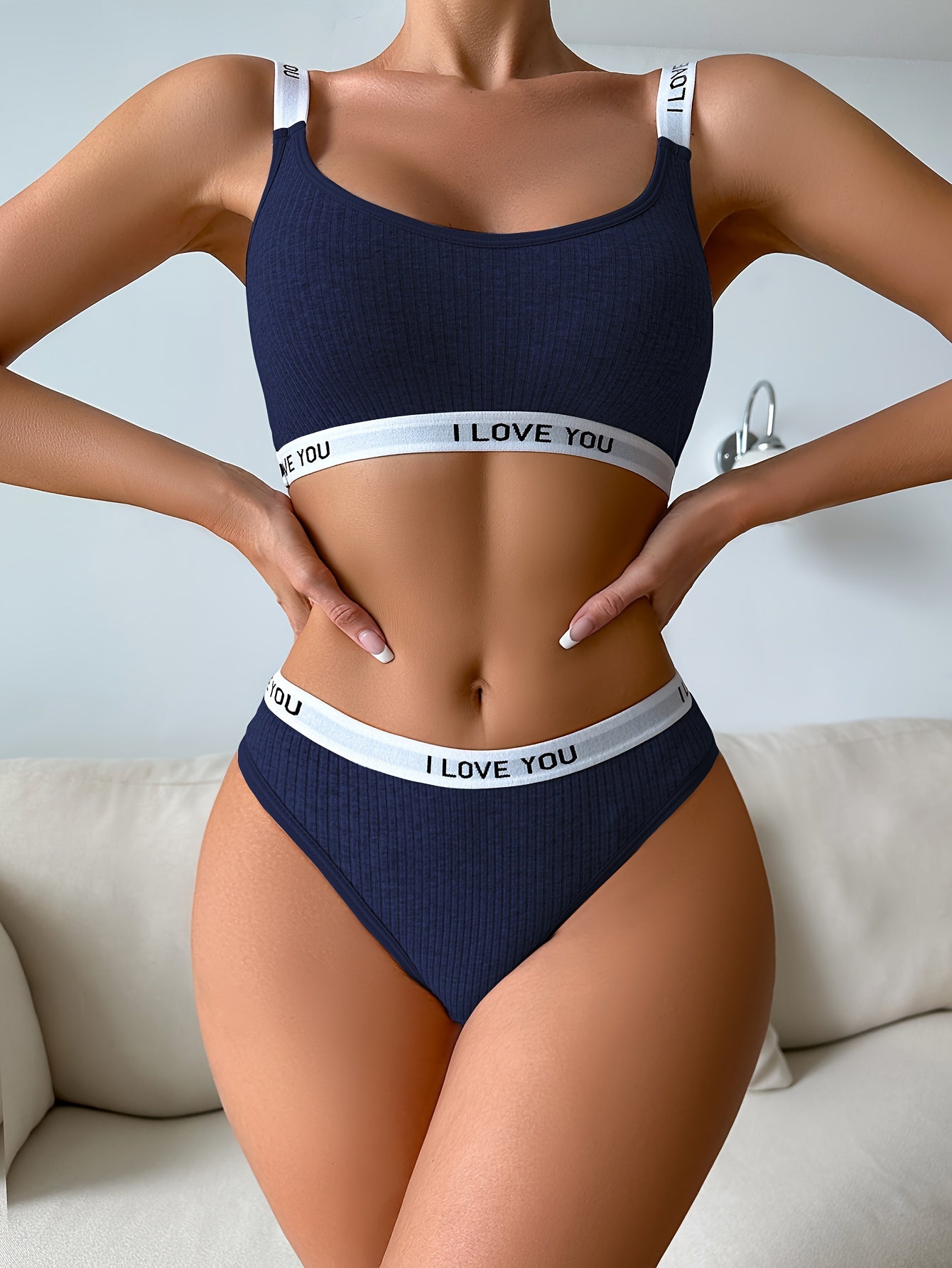 Antmvs Letter Print Bra & Panties, Ribbed Wireless Bra & Elastic Thong Lingerie Set, Women's Lingerie & Underwear