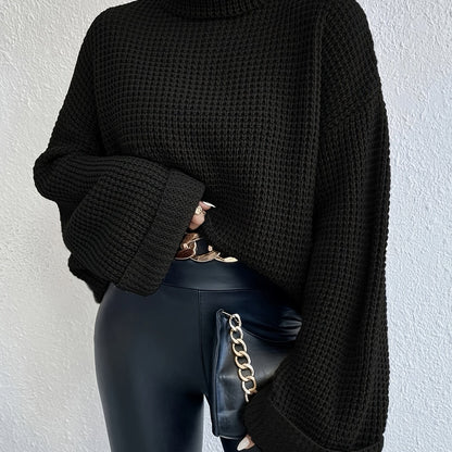 Antmvs Solid Waffle Knit Sweater, Casual Turtleneck Long Sleeve Sweater, Women's Clothing