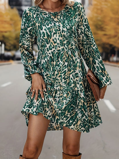 Antmvs Allover Print Above Knee Dress, Elegant Crew Neck Long Sleeve Dress, Women's Clothing