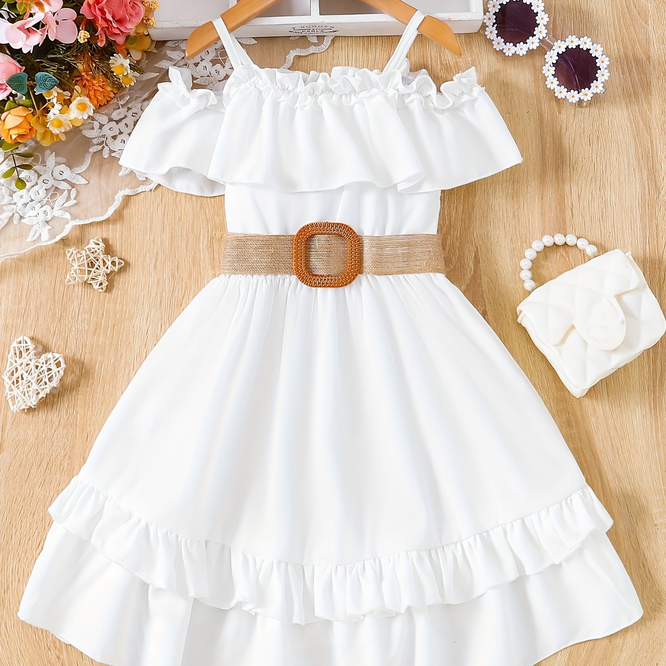 Charming Girls Solid Ruffle Trim Dress - Fashionable Belted Waist for Summer Parties & Holidays - Premium Quality, Comfortable, Ideal Gift