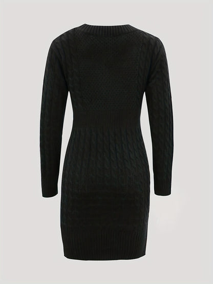Antmvs Solid Cable Knit Sweater Dress, Casual Crew Neck Long Sleeve Dress, Women's Clothing