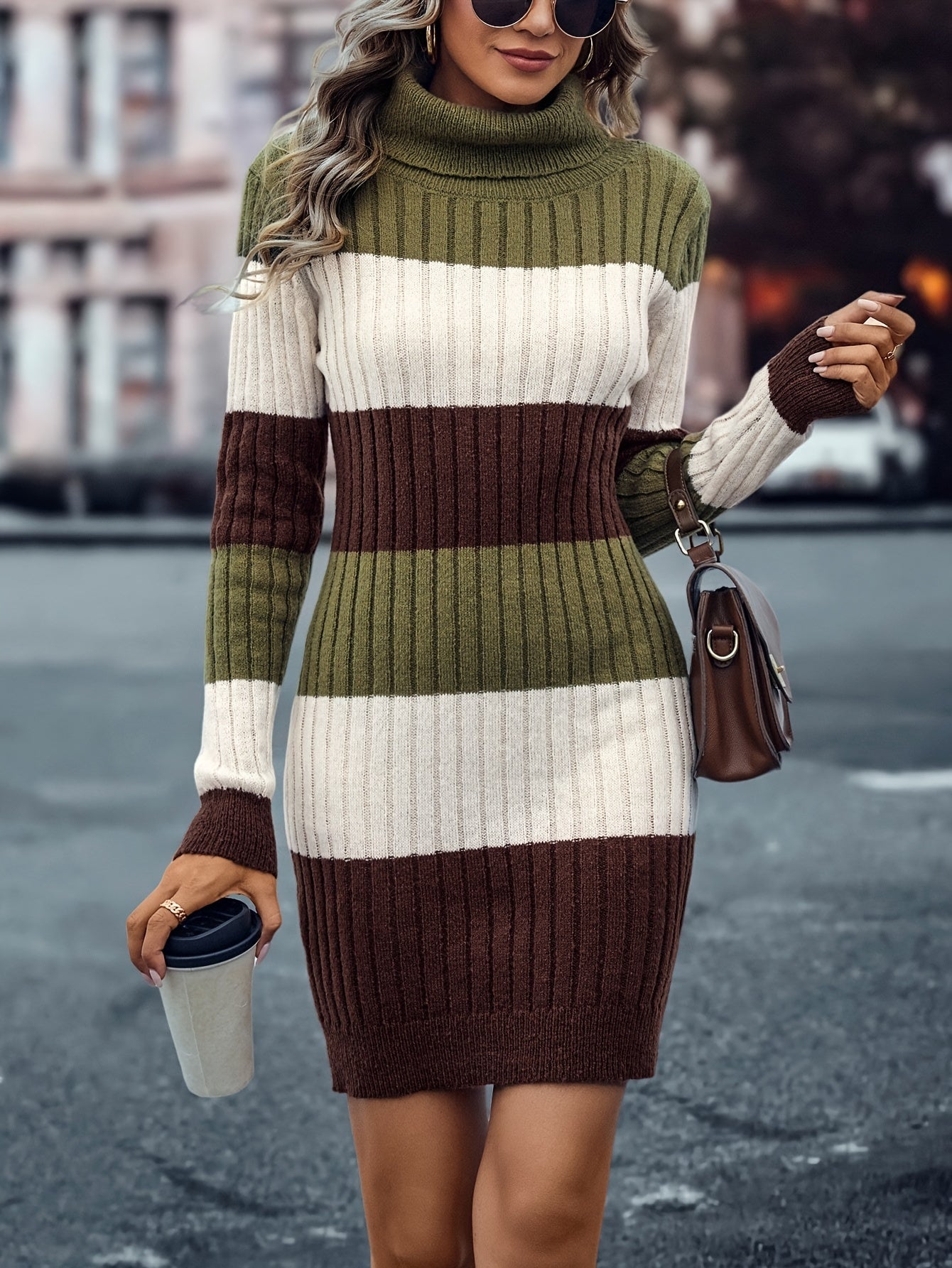Antmvs Color Block Striped Sweater Dress, Casual Turtleneck Long Sleeve Dress, Women's Clothing