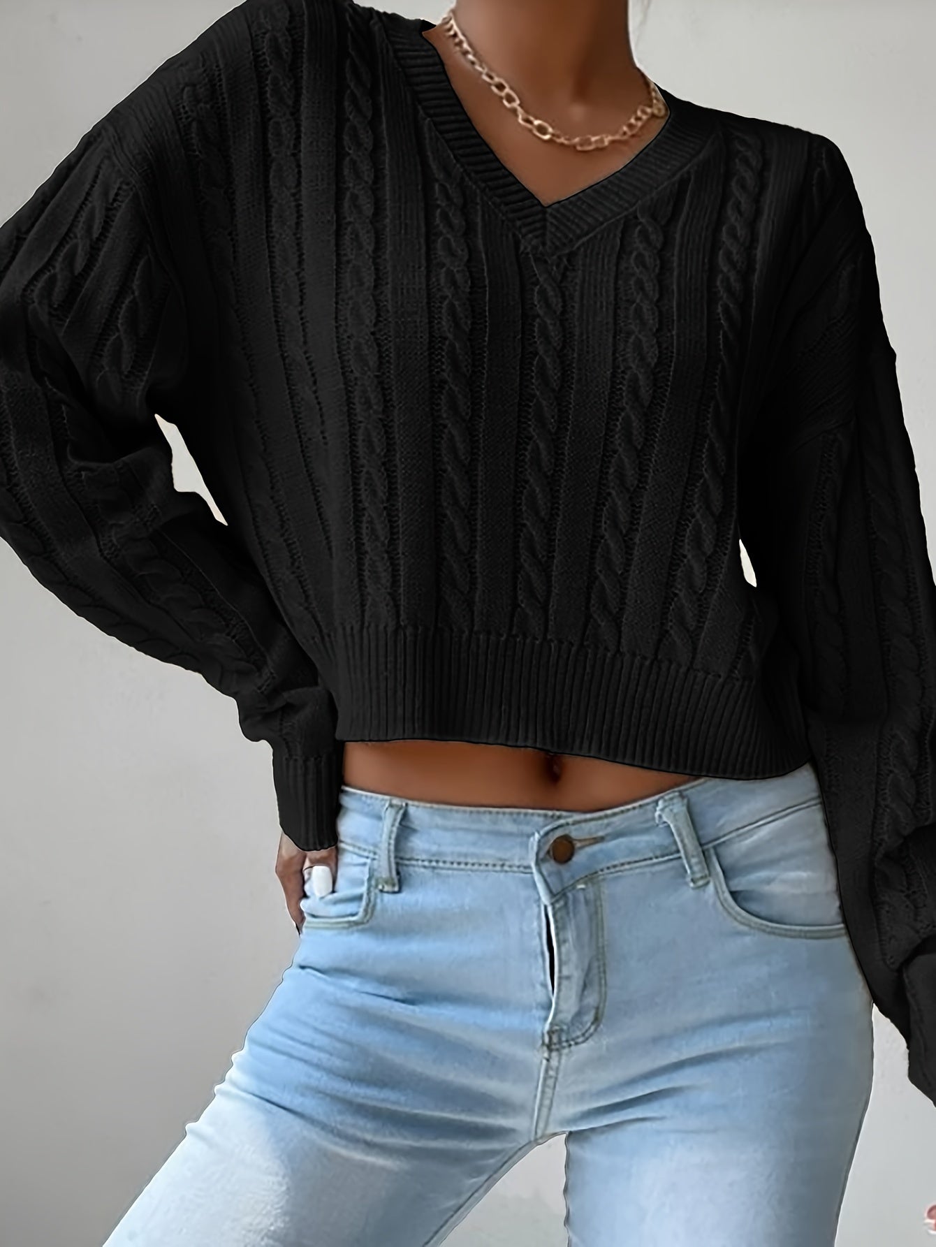 Antmvs Cable Knit V Neck Pullover Sweater, Casual Solid Long Sleeve Crop Sweater, Women's Clothing