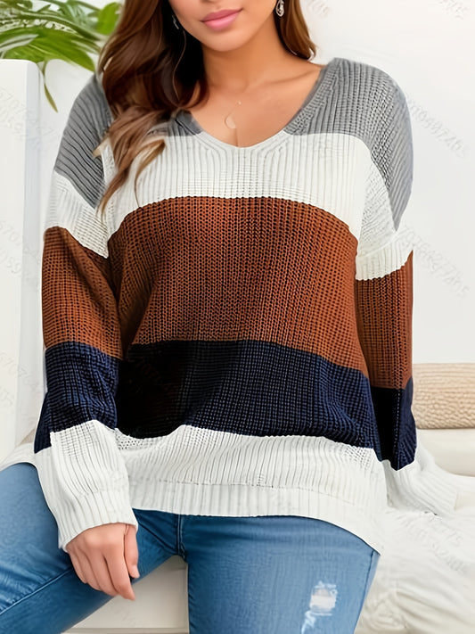 Antmvs Plus Size Casual Sweater, Women's Plus Colorblock V Neck Long Sleeve High Stretch Sweater