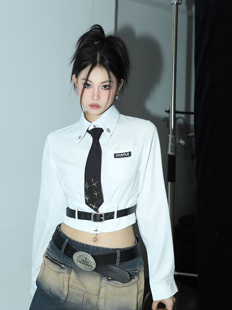 Antmvs Liana Solid Color White Preppy Letter Cropped Star Office Shirt Long Sleeve Black Waist Belt Top