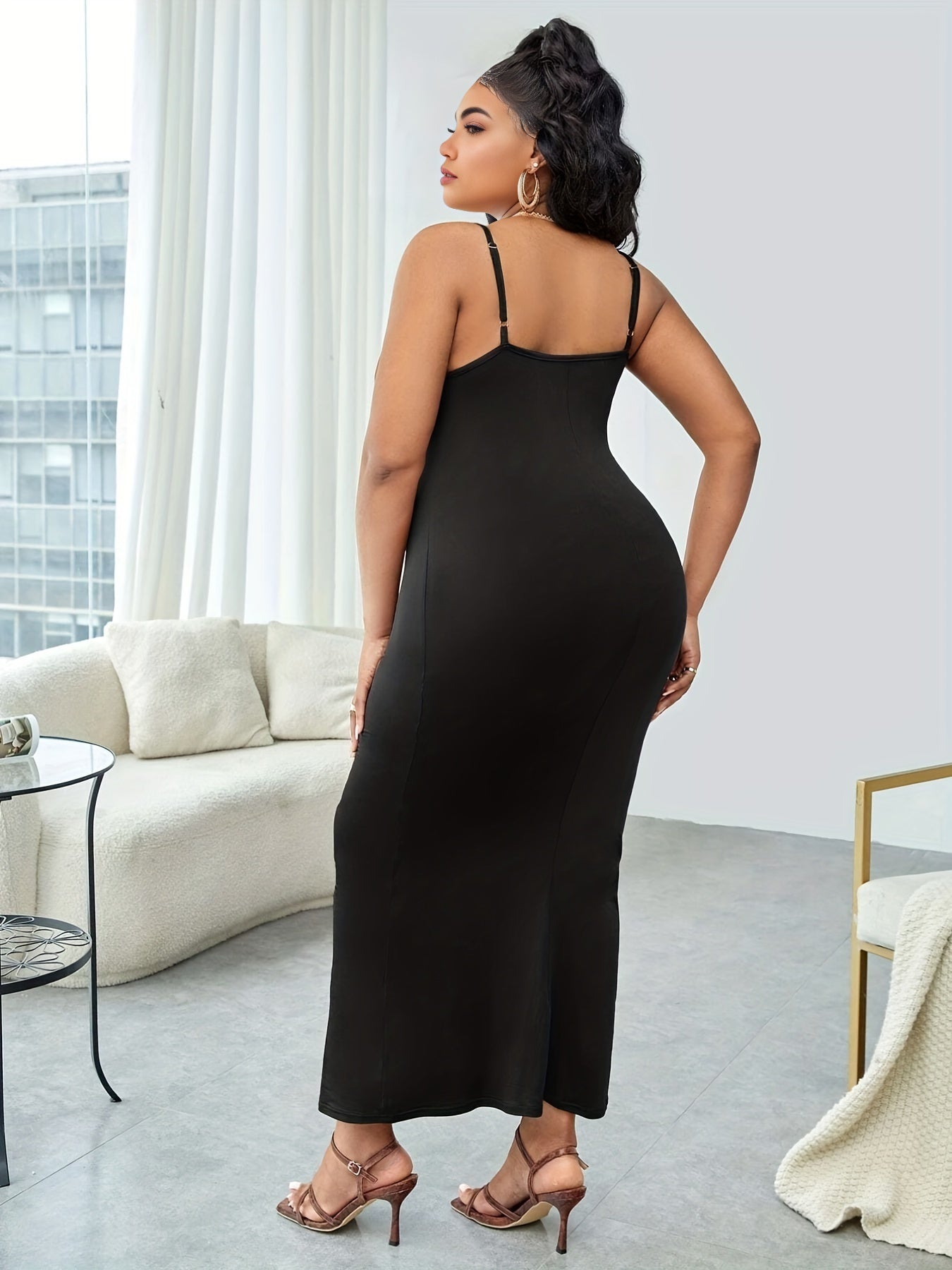 Antmvs Plus Size Sexy Dress, Women's Plus Solid Scoop Neck Medium Stretch Bodycon Maxi Midi Cami Dress