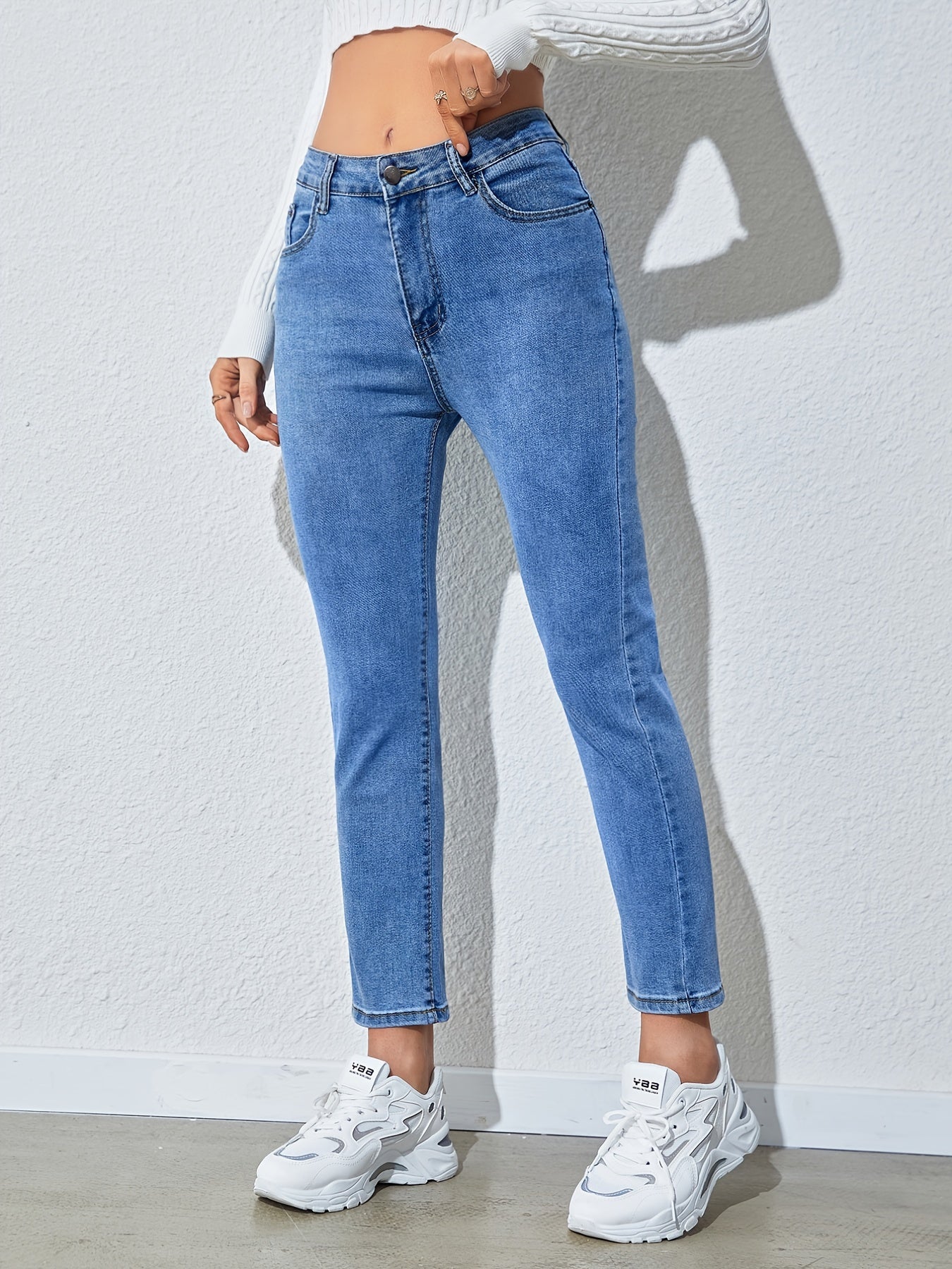 Antmvs High Rise High Stertchy Straight Legs Plain Design Zipper Button Closure High Waist Cropped Skinny Jeans, Women's Denim Jeans, Women's Clothing