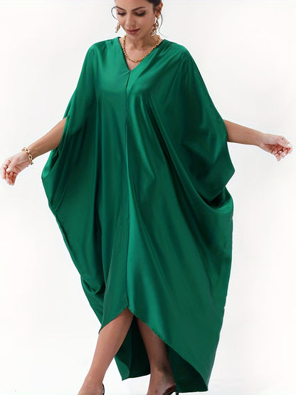Antmvs Plus Size Casual Dress, Women's Plus Solid Satin Bat Sleeve V Neck Asymmetrical Hem Oversized Maxi Dress