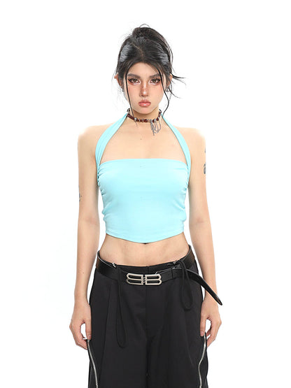 Antmvs Lila Solid Color Basic Halter Multi-Color Stretch Slim Cropped Top