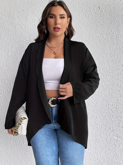 Antmvs Plus Size Casual Coat, Women's Plus Solid Long Sleeve Shawl Collar Open Front Cardigan