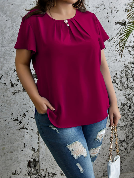 Plus Size Chic Ruched Blouse - Flattering Solid Colors, Crew Neck, Short Sleeves - Perfect Casual Style for Spring & Summer - Curvy Womens Fashion Clothing