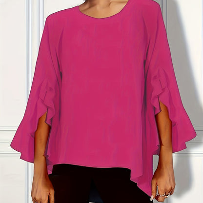 Plus Size Elegant Crew Neck Blouse - 3/4 Sleeve, Ruffle Trim, Slight Stretch, Solid Color, Woven Fabric - Perfect for Spring, Summer, and Fall Seasons