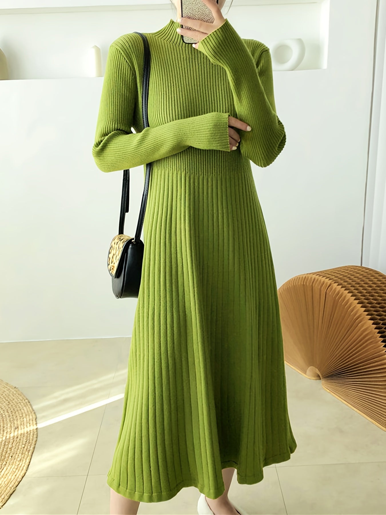 Antmvs Solid Ribbed Midi Dress, Elegant Mock Neck Long Sleeve Dress, Women's Clothing