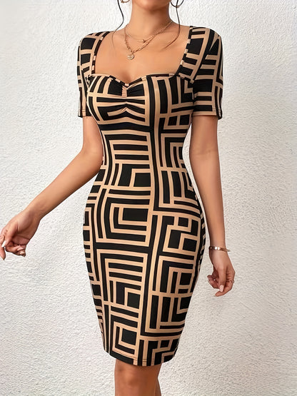 Antmvs Graphic Print Square Neck Bodycon Dress, Vintage Short Sleeve Ruched Dress For Spring & Summer, Women's Clothing