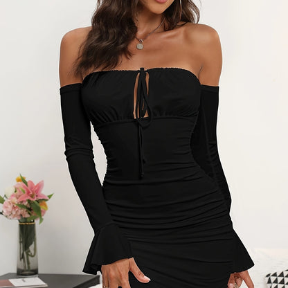 Antmvs Ruched Off Shoulder Dress, Sexy Flared Sleeve Tie Front Bag Hip Dress, Women's Clothing