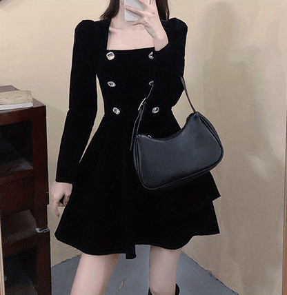 Antmvs Double Breasted Solid Dress, Casual Squared Neck Long Sleeve Dress, Women's Clothing