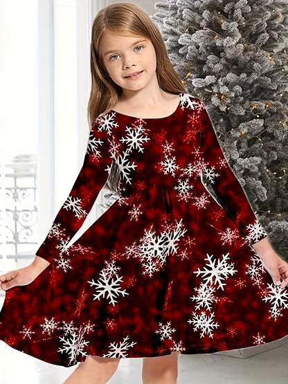 Christmas Party Snowflake Long Sleeve Dress for Girls - 3D Print Graphic, Festive Holiday Outfit, Comfortable Kids Clothes for Winter Season