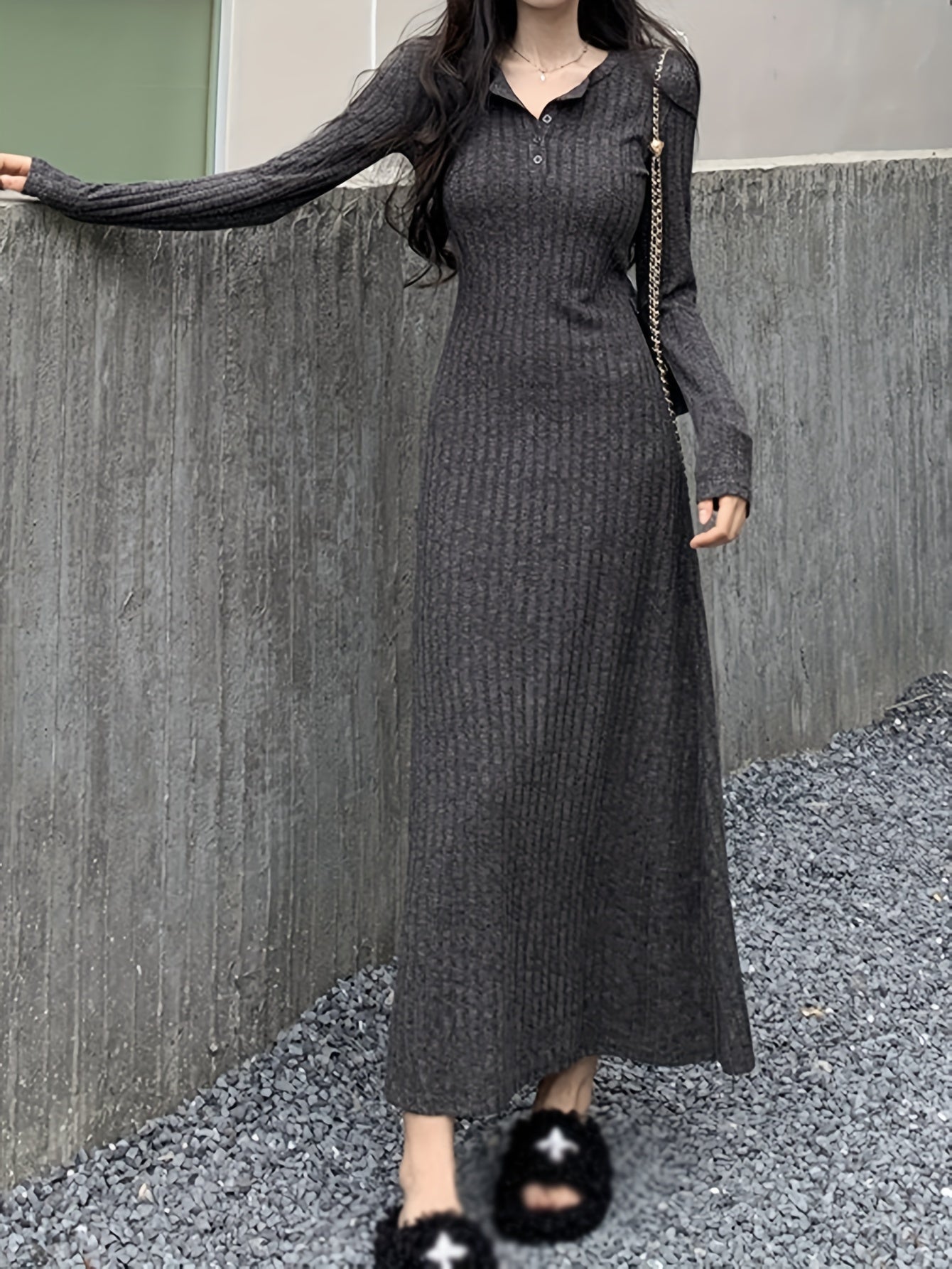 Antmvs Button Front Lapel Neck Ribbed Dress, Chic Solid Color Long Sleeve Dress For Fall & Winter, Women's Clothing