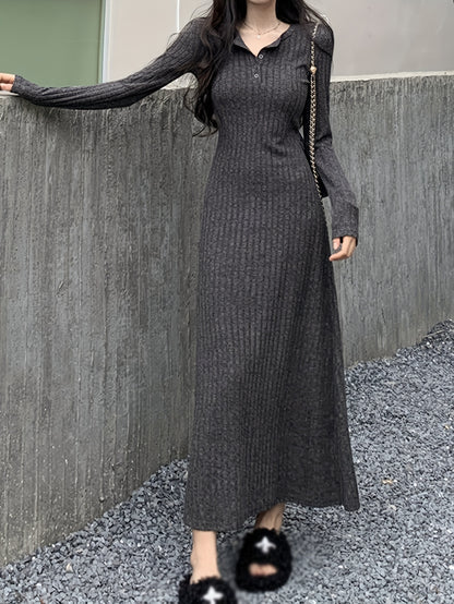 Antmvs Button Front Lapel Neck Ribbed Dress, Chic Solid Color Long Sleeve Dress For Fall & Winter, Women's Clothing