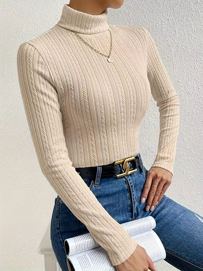 Antmvs Solid Turtleneck Textured T-shirt, Versatile Long Sleeve Slim T-shirt For Fall & Winter, Women's Clothing