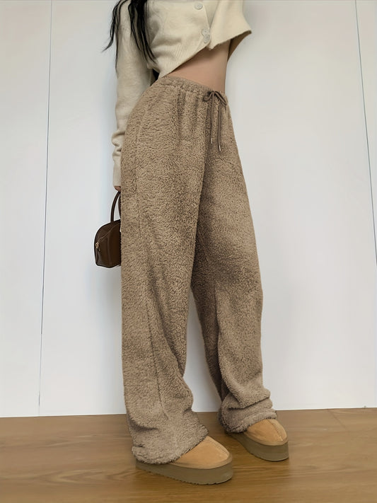 Antmvs Solid Teddy Drawstring Pants, Casual Straight Leg High Waist Pants, Women's Clothing