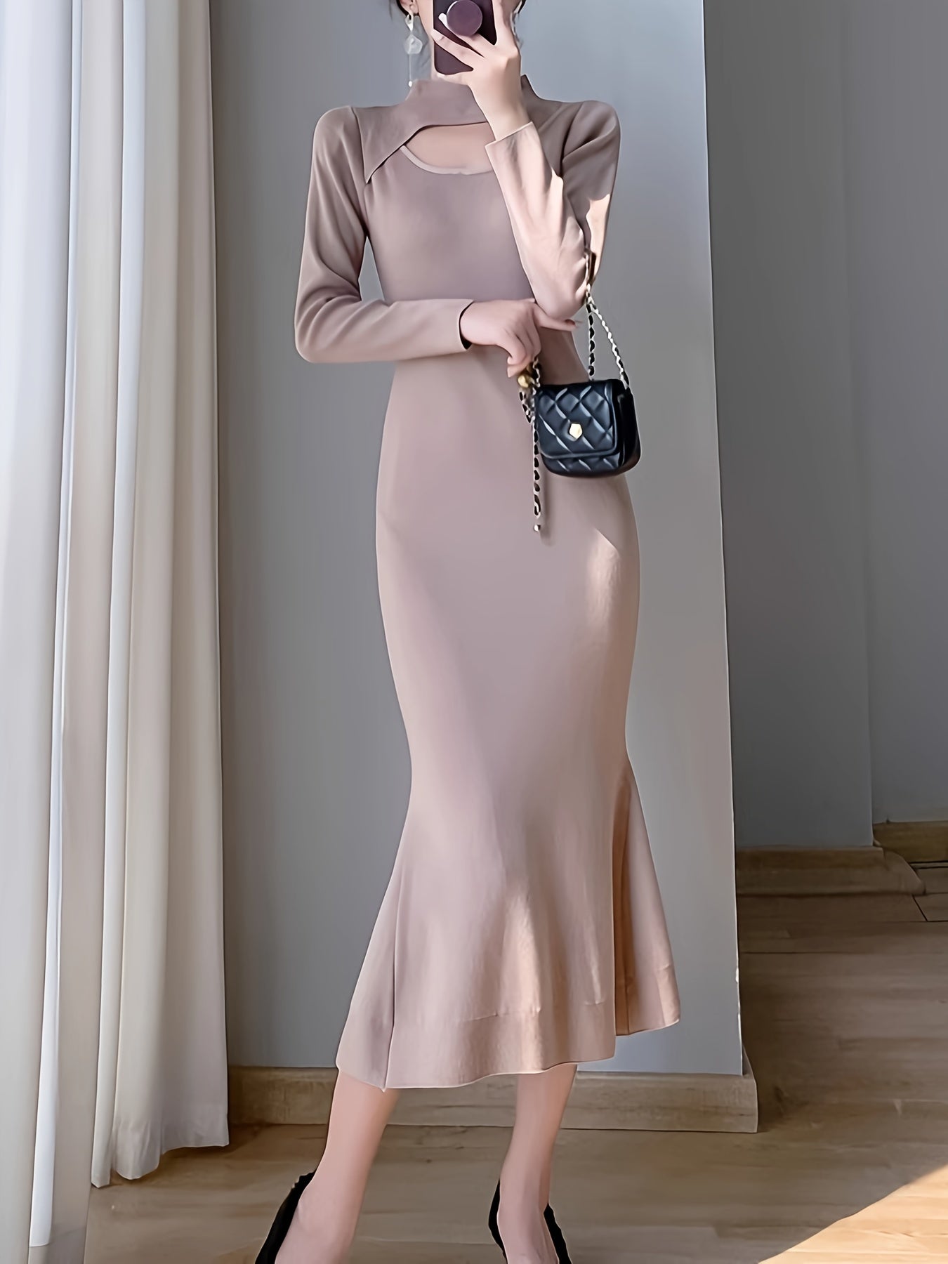 Antmvs Cut Out Bodycon Dress, Elegant Long Sleeve Dress For Party & Banquet, Women's Clothing