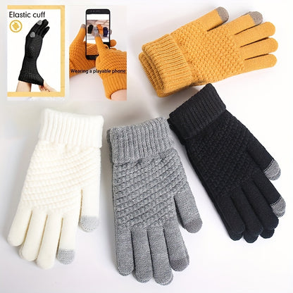 Unisex Winter Full Finger Knit Gloves, Touch Screen Thermal Gloves For Outdoor Cycling