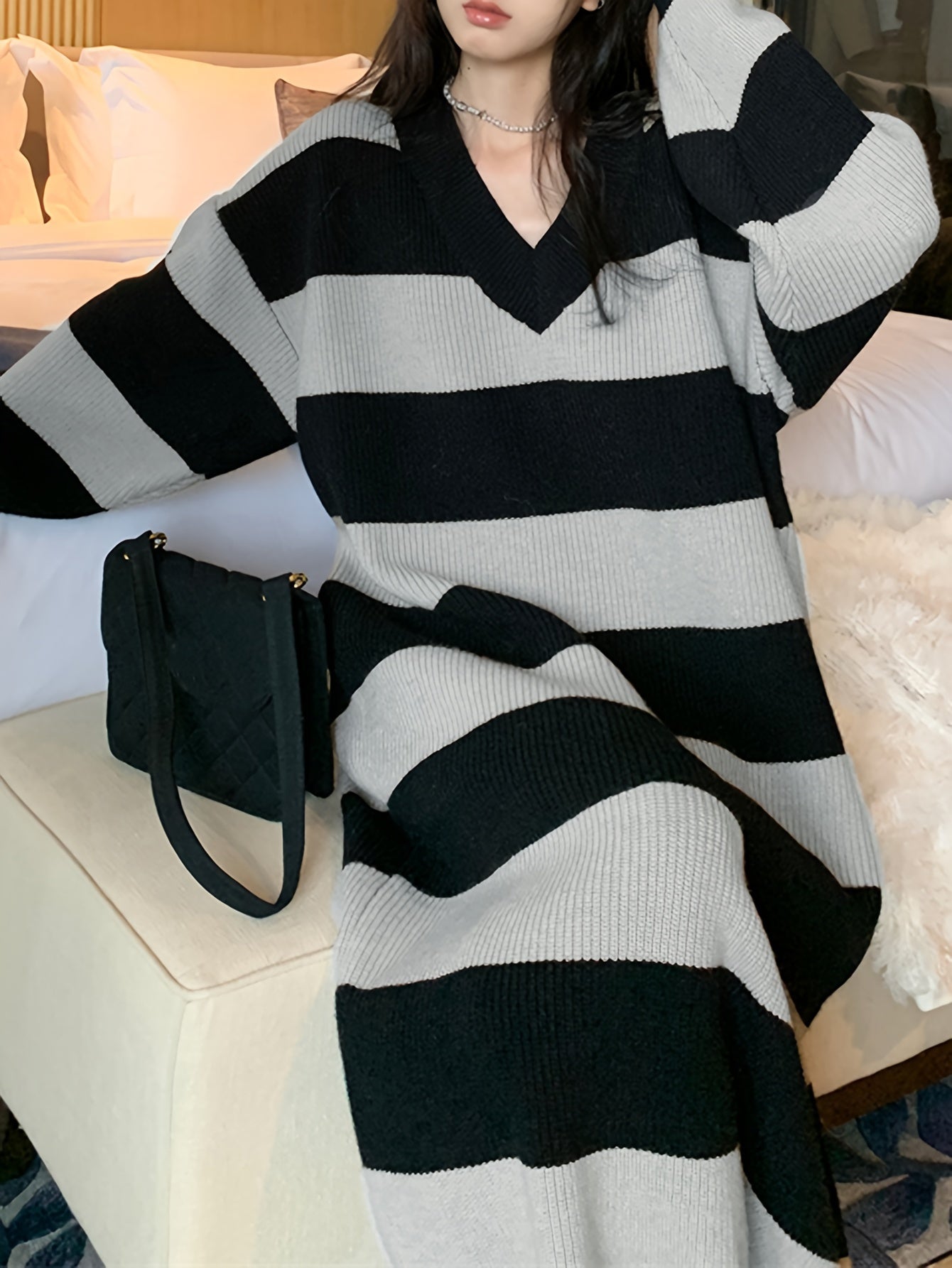 Antmvs Striped Drop Shoulder Sweater Dress, Casual V Neck Long Sleeve Maxi Dress, Women's Clothing