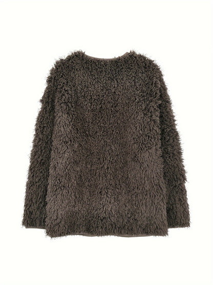 Antmvs Faux Fur Open Front Coat, Casual Long Sleeve Winter Warm Outerwear, Women's Clothing