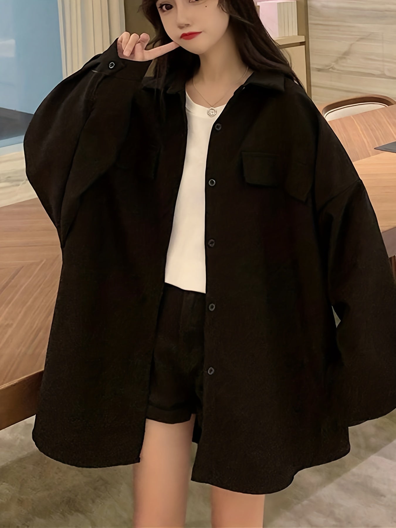 Antmvs Solid Oversized Shirt, Casual Button Front Long Sleeve Collared Shirt, Women's Clothing
