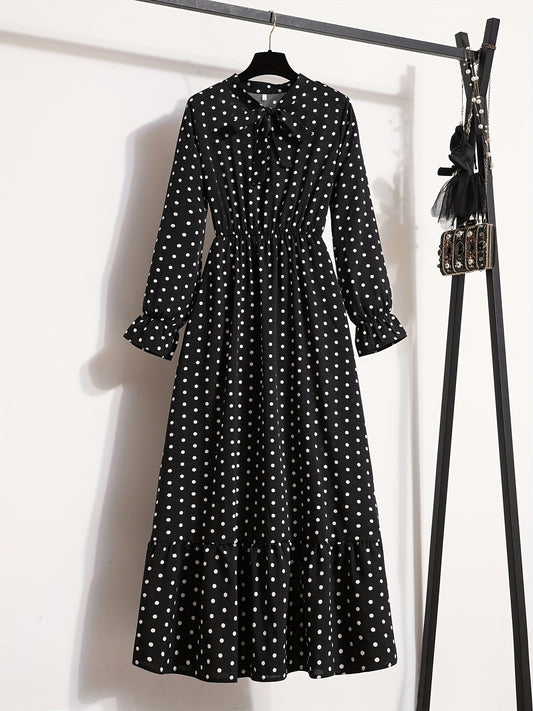 Antmvs Pin Dot Print Dress, Vintage Tie Neck Long Sleeve A Line Dress, Women's Clothing