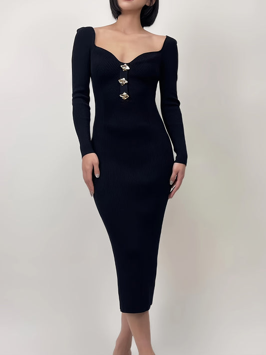 Antmvs Stylish Button Bodycon Knit Dress, Elegant Long Sleeve V Neck Midi Dress, Women's Clothing