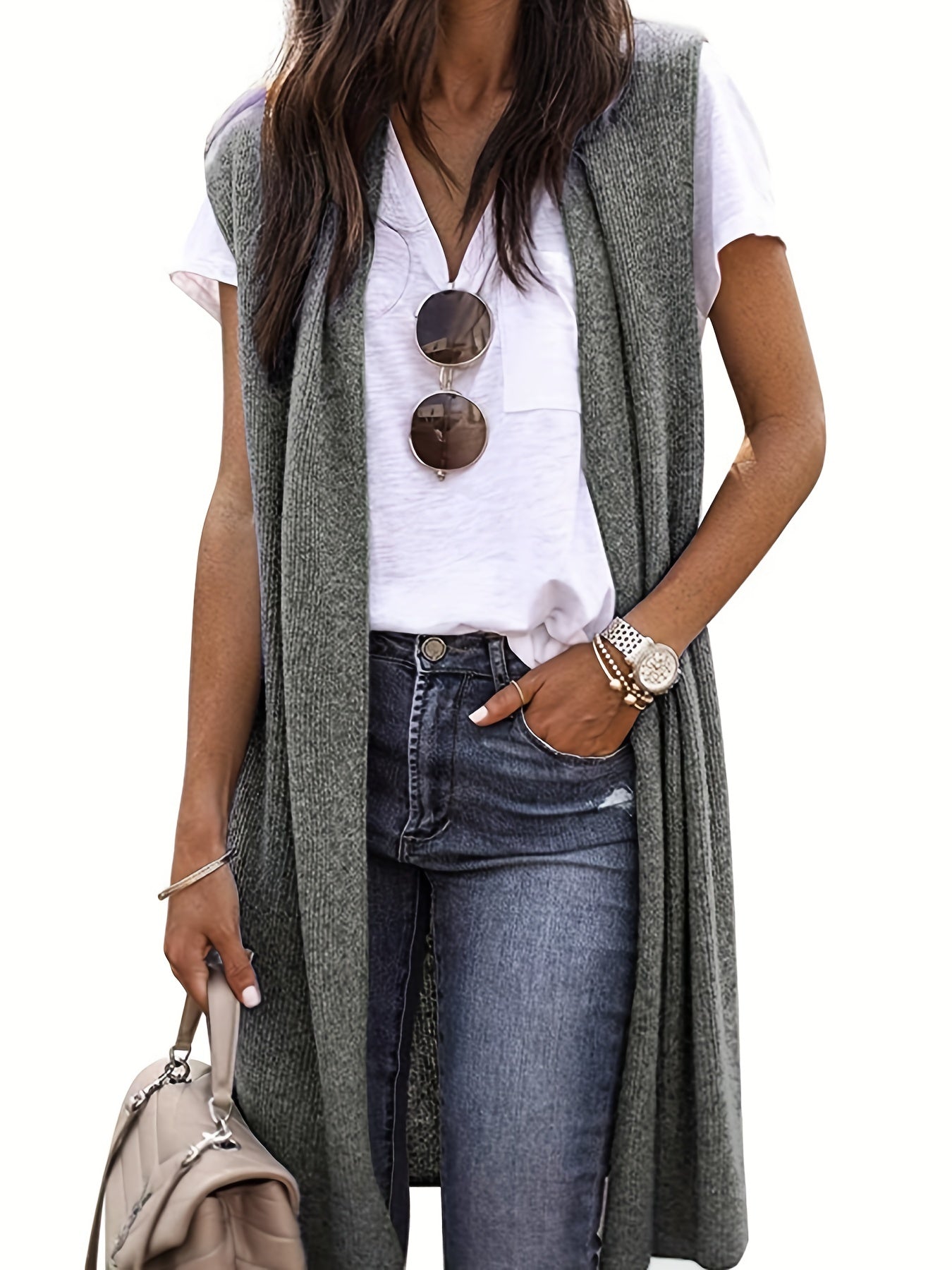 Antmvs Solid Sleeveless Knit Cardigan, Casual Simple Long Length Vest Sweater, Women's Clothing