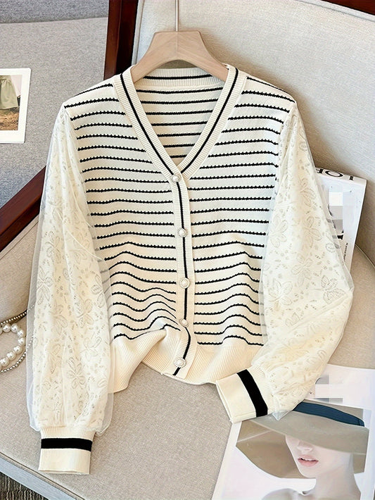 Antmvs Contrast Lace Striped Knit Cardigan, Elegant Button Down Long Sleeve Sweater For Spring & Fall, Women's Clothing