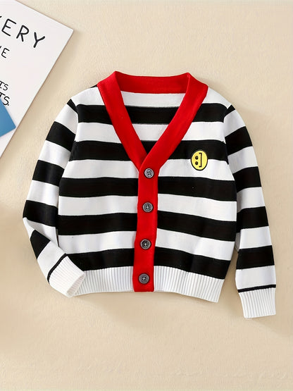 Toddler Girls Cotton 80% Knit Cardigan Sweater, Casual Striped Outerwear With Button Closure, Green & Red, V-Neck Jacket