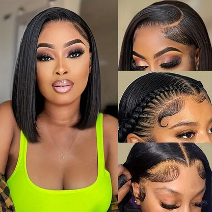 Natural Black Bob Wig Human Hair 13X4 Lace Frontal Wigs Glueless Wigs Human Hair Pre Plucked Natural Hairline 150% Density Straight Bob Lace Front Wigs Human Hair For Women Short Bob Wig 10-16Inch