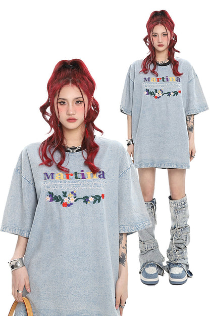 Antmvs Martina Colorful Letter Embroidery Washed Denim Blue Short Sleeve Baggy Long T-shirt Top