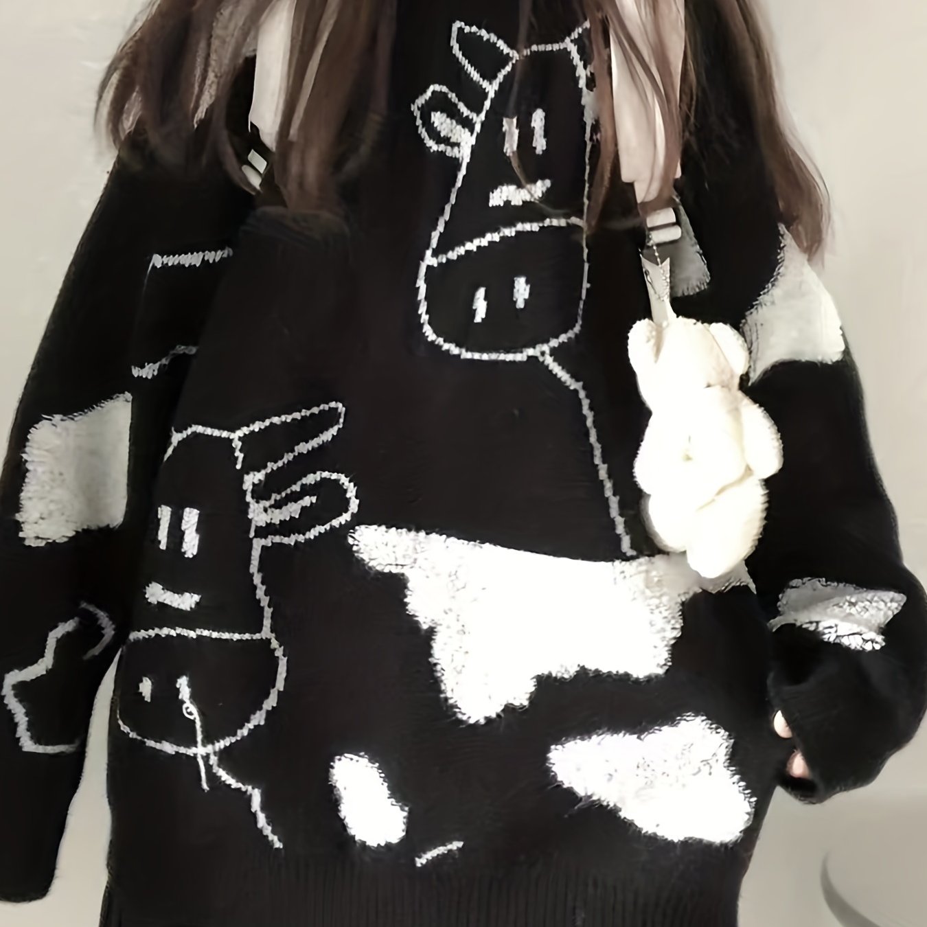 Antmvs Cute Cow Pattern Pullover Sweater, Preppy Long Sleeve Oversized Sweater, Women's Clothing