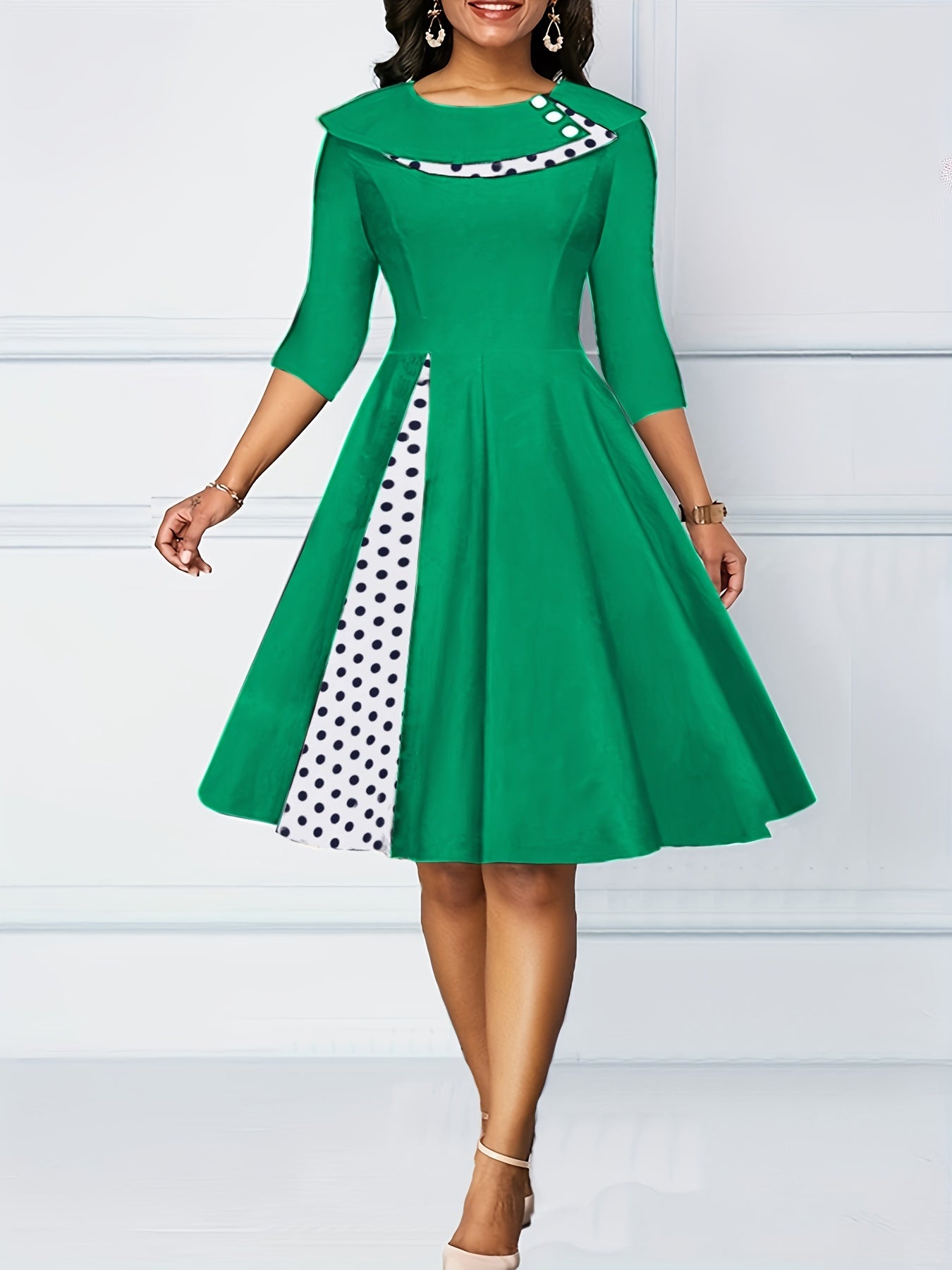 Antmvs A-line Retro Dress, 3/4 Sleeve Polka Dot Casual Dress, Women's Clothing