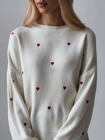 Antmvs Heart Pattern Crew Neck Knit Sweater, Casual Long Sleeve Pullover Sweater, Women's Clothing