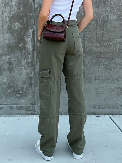 Antmvs Green Loose Fit Straight Jeans, Flap Muti-Pockets Wide Legs Non-Stretch Denim Pants, Women's Denim Jeans & Clothing