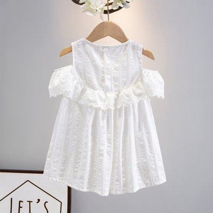 Girls' 100% Cotton Embroidered Summer Dress Shirt, Cute Baby Off-Shoulder Fashion Top With Lace Details, Toddler Kindergarten Outfit - White