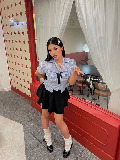 Antmvs Jennie Plus Size Blue Stripe Short Sleeve Bow Silver Brooch Button Up Top + Plus Size Solid Color High Waist Pleated Mini Skirt Cute Matching Set