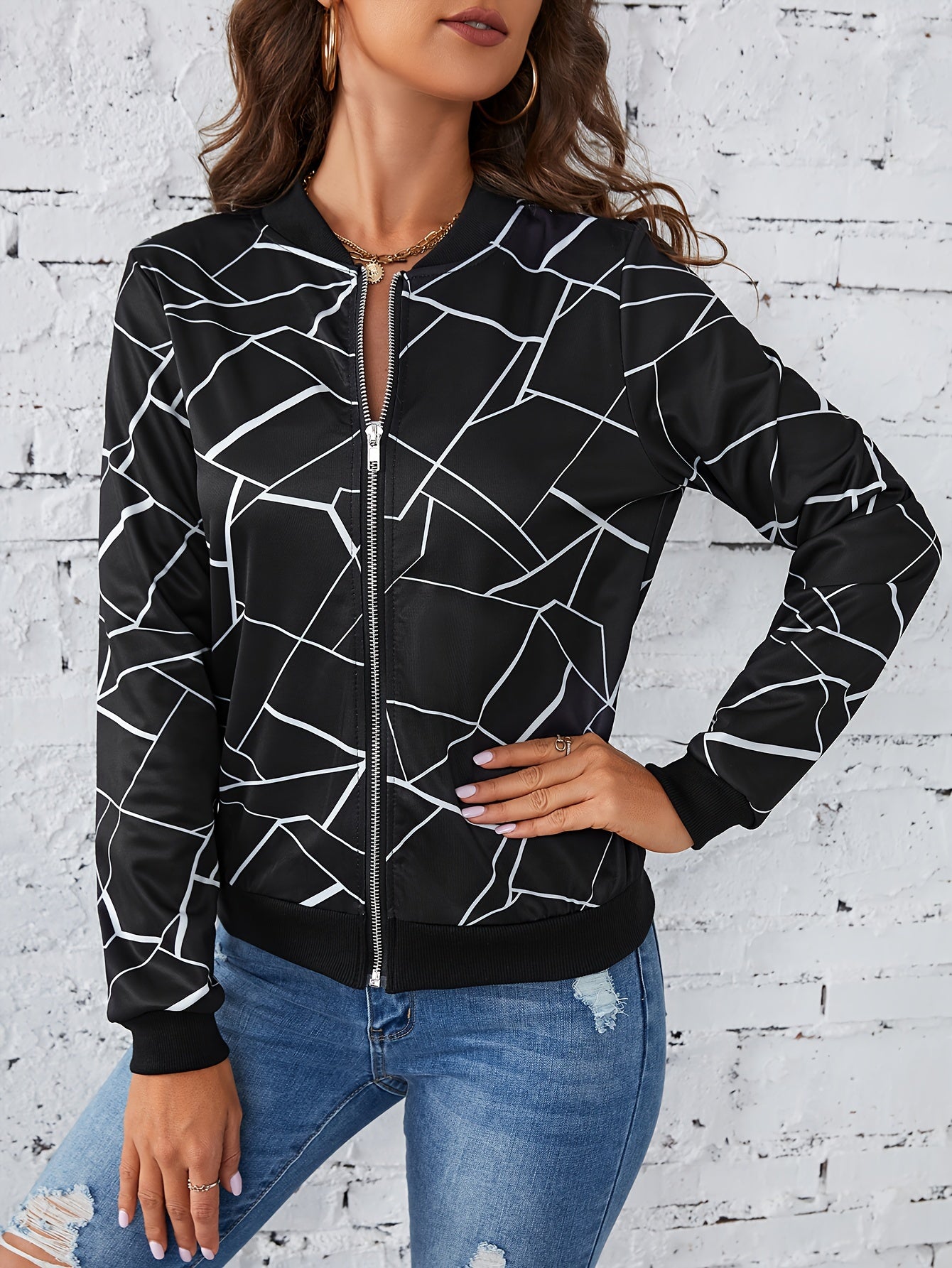 Antmvs Geo Print Zipper Front Jacket, Casual Long Sleeve Jacket For Spring & Fall, Women's Clothing
