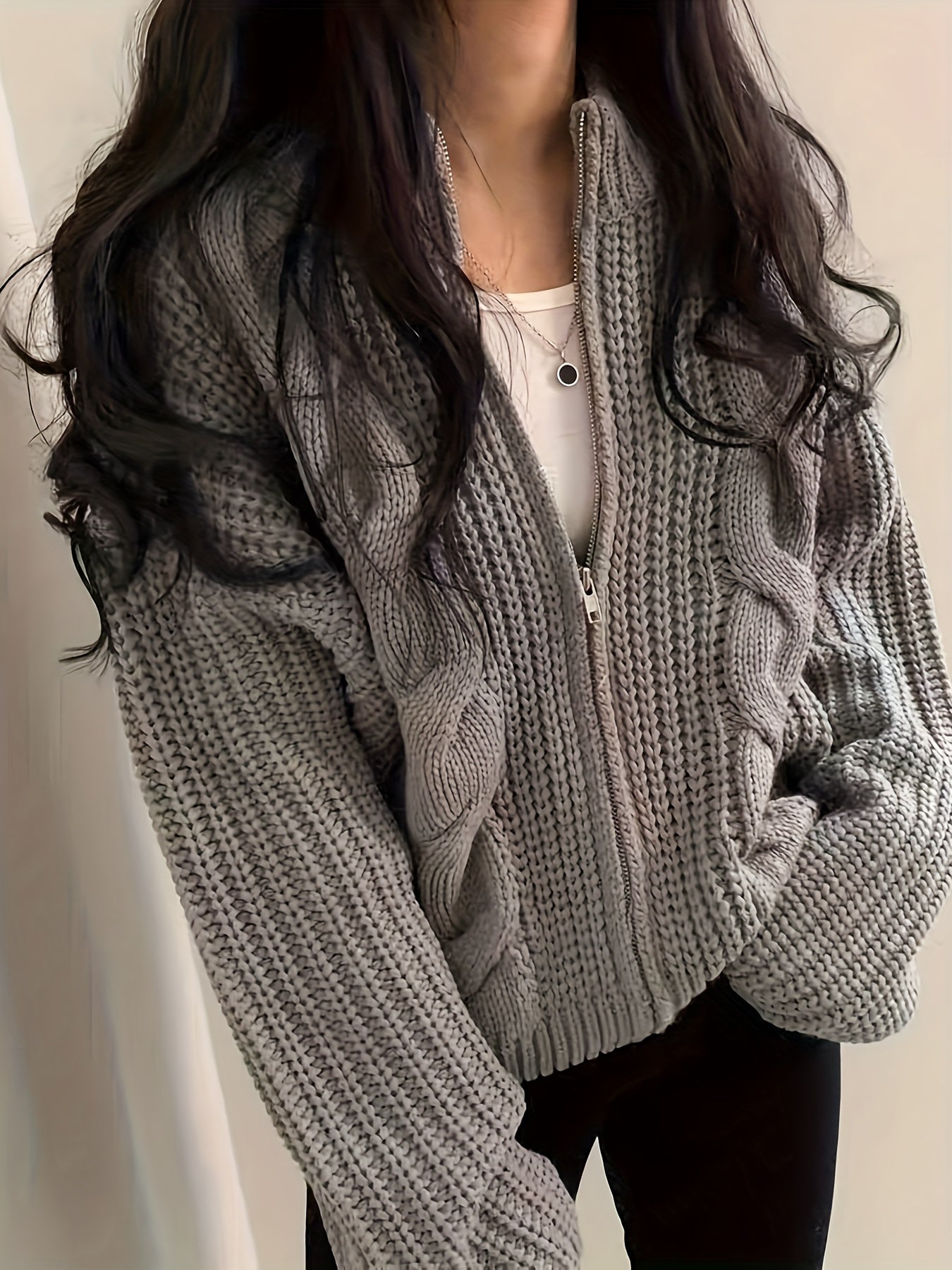 Antmvs Solid Zip Up Chunky Knit Cardigan, Vintage Long Sleeve Loose Sweater, Women's Clothing