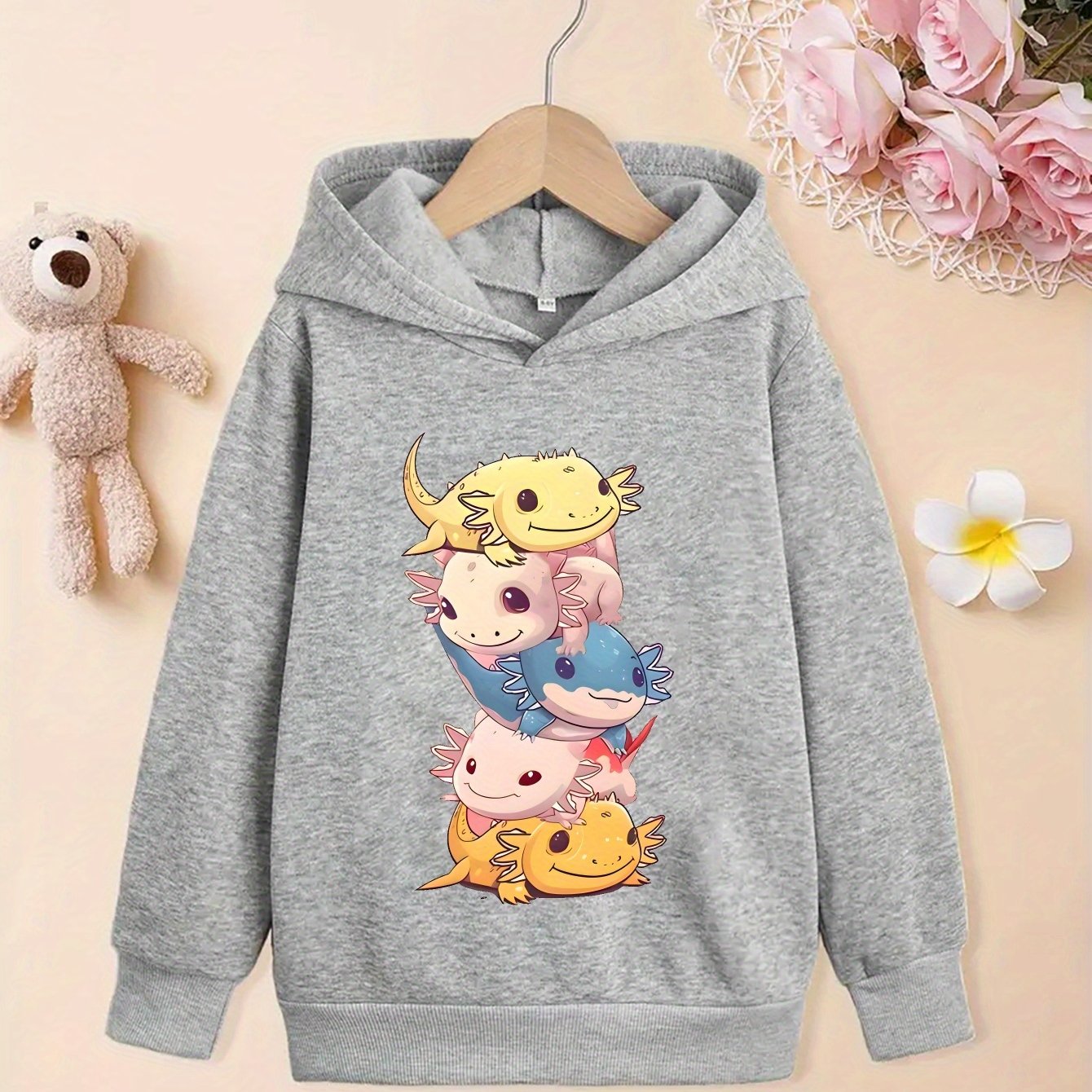 Stylish Cartoon Axolotls Graphic Print Hoodie - Soft Fleece Lining, Warm, Long Sleeve, Trendy, and Cozy for Girls' Streetwear - Perfect for Fall and Winter Seasons