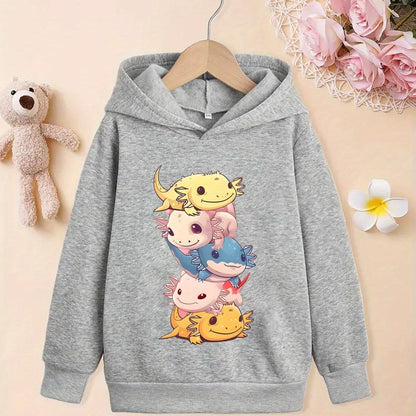 Stylish Cartoon Axolotls Graphic Print Hoodie - Soft Fleece Lining, Warm, Long Sleeve, Trendy, and Cozy for Girls' Streetwear - Perfect for Fall and Winter Seasons