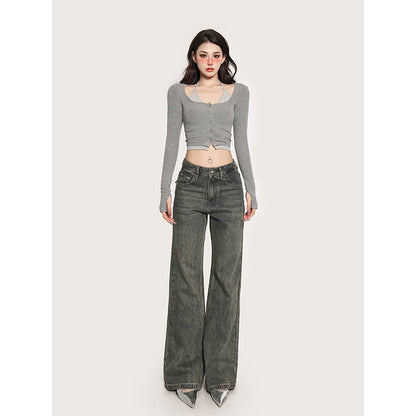 Antmvs Gwen Fake Two Piece Halter Long-sleeved Button Up Slim Cropped Top