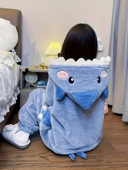 Antmvs Cartoon Shark Hooded Jumpsuit, Long Sleeve Zipper Fuzzy Pajamas, Women's Sleepwear & Loungewear